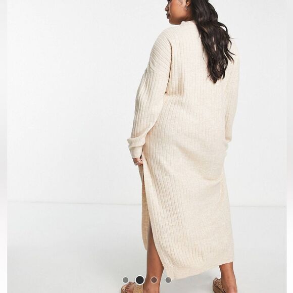 ASOS DESIGN Curve Knitted maxi dress with side split in wide rib in oatmeal - Picture 3 of 6